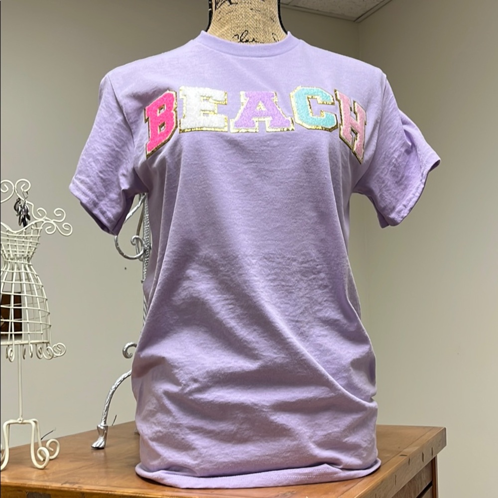 Lavender T-Shirt with Colorful 'BEACH' Print